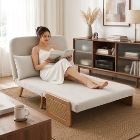 Sofá-cama de 2 lugares pequeno 103 L x 78 P x 82 A cm, 3 em 1 em chenille de 103 cm, encosto ajustável, 2 almofadas, braços em madeira, creme