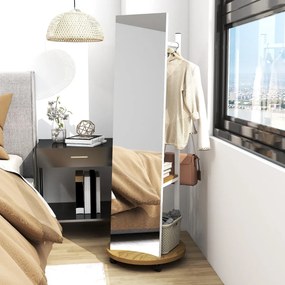 Espelho Pé de corpo inteiro com Cabide 45 x 135 cm, ganchos, estantes e rodas giratórias de 360° para quarto, armário ou hall de entrada, branco e nat
