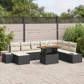 Conjunto de Sofá de Jardim 9 Peças com Almofadas Preto Rattan Poliéste