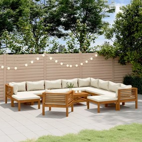 vidaXL 12 pcs conjunto lounge jardim c/ almofadões creme acácia maciça