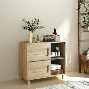 Móvel de casa de banho 80 x 35 x 70 cm, de arrumação com compartimentos abertos e armário, cor de madeira natural