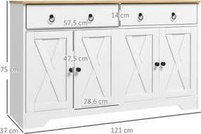 Aparador, móvel de arrumação 121 L x 37 l x 75 A cm, armário de cozinha de estilo rústico, com 2 gavetas e 2 portas, prateleiras com altura ajustável,