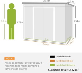 Abrigo de Jardim 213x130x173 Abrigo de Exterior de Aço Galvanizado com Porta Corredeira para Armazenamento Cinza Escuro