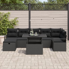 Conjunto de Sofá de Jardim 8 Peças com Almofadas Preto Vime PE, Sofá d