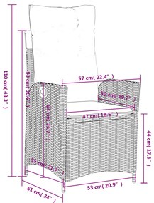 3 pcs conjunto de jantar p/ jardim com almofadões vime PE bege