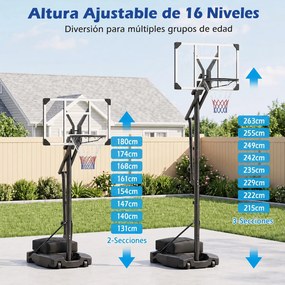 Cesto de Basquetebol Portátil, 88 x 53 x 258-303 cm, Altura Regulável em 8 Níveis, Preto