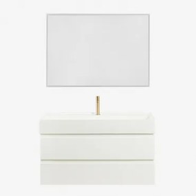 Conjunto De Móvel De Casa De Banho Suspenso Em Madeira E Folha De Freixo Com Lavatório Integrado Ona Branco & Led Retangular - Sklum