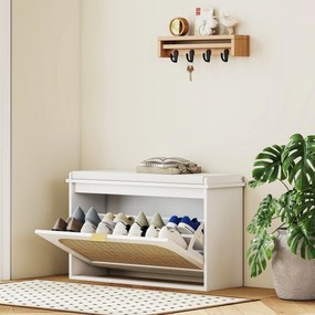 Sapateira 80 x 26 x 47,5 cm Banco para sapatos, assento almofadado, gaveta rebatível, porta em rattan, branco