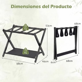 Conjunto 2 Suportes dobráveis para malas em bambu 68 x 46 x 53 cm, com correias de nylon, prateleiras de arrumação para o quarto de hóspedes ou quarto