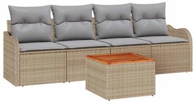 Conjunto de Sofá de Jardim 5 Peças com Almofadas Bege em Rattan e Acác