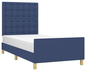 Estrutura de cama c/ cabeceira tecido azul 90x190 cm