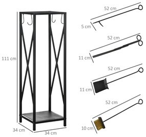 Suporte para Lenha Estante para Lenha Lenheiro de Exterior com Ganchos Pá Escova Atiçador e Tenaz Carga 60 kg 34x34x111 cm Preto