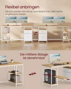 Secretária com 3 prateleiras e 2 gavetas 60 x 140 x 76 cm cor de carvalho natural + branco