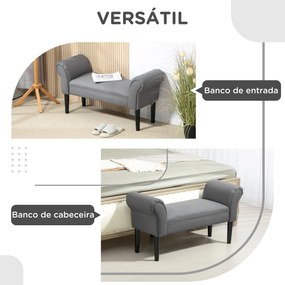 Banco de Pé de Cama Estofado em Linho Sintético com Pés de Madeira Braços e Assento Acolchoado Cinzento Escuro
