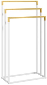 kleankin Toalheiro de Pé de 3 Níveis em Forma de Escada com 3 Barras de Bambu e Estrutura de Aço 45x22,5x86 cm Branco e Madeira