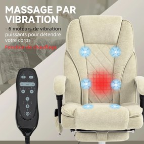 Cadeira de escritório com massagem e aquecimento, altura ajustável, encosto reclinável, comando à distância e apoio para os pés retrátil, cor bege