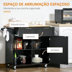 Carrinho de Cozinha com Rodas Móvel Auxiliar de Cozinha com 2 Gavetas 2 Portas Prateleira Ajustável  104x46x91 cm Preto