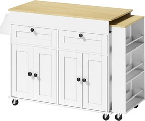 HOMCOM ilha central de cozinha com tampo extensível, carrinho de cozinha com rodízios com 2 gavetas, 4 portas, branco | Aosom Portugal