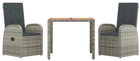3 pcs conjunto de jantar p/ jardim c/ almofadões vime PE cinza