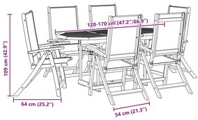 7 pcs conjunto de jantar para jardim acácia maciça e textilene