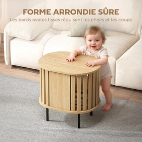Mesa auxiliar oval 50x39x50 cm para colocar ao pé do sofá, com arrumação aberta, pés em aço com design em ripas, efeito de madeira natural