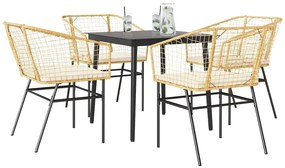 Conjunto jantar jardim 5 peças almofadas vidro vime PE castanho