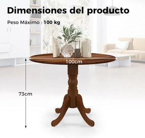 Mesa de jantar redonda de 100 cm para 4 pessoas em madeira de cauchu com base em pedestal para sala de estar e sala de jantar Cor Nogueira