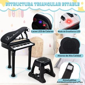 Piano eletrónico para crianças de 31 teclas com banco portátil com microfone LED 35 x 30 x 55 cm Preto