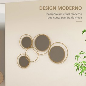 Espelho Decorativo de Parede em Metal 3D Decoração de Parede Metálica com 4 Espelhos Redondos para Corredor 110x68 cm Dourado