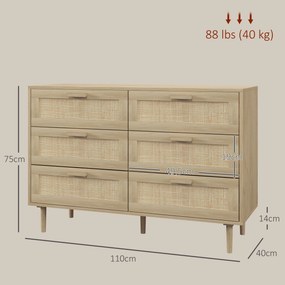 Cómoda com 6 gavetas, móvel de arrumação com trançado de vime, 110 x 40 x 75 cm, acabamento em madeira clara