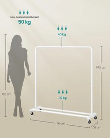 Guarda roupa cabideiro 38 x 110 x 141,5 cm com rodas para arrumação flexível, branco mate