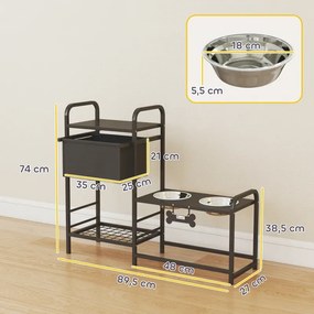 Comedouro Elevado para Cães com Gaveta em Tecido 2 Taças de Aço Inoxidável 2x800 ml 89,5x27x74 cm Altura Ajustável 2 Prateleiras Preto