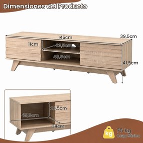 Móvel de TV com Portas de Correr, 145 x 39,5 x 41,5 cm, Prateleira Ajustável, Natural