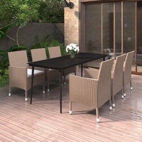 vidaXL 7 pcs conjunto de jantar p/ jardim c/ almofadões vime PE/vidro