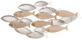 HOMCOM Decoração de Parede de Metal e Madeira 3D de Peixes 100x47cm Arte de Parede Metálica para Sala de Estar Dormitório Escritório Prata e Madeira
