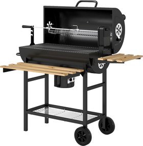 Outsunny Barbecue a Carvão Portátil Barril com Espeto Elétrico, Prateleiras Dobráveis Rodas e Termómetro | Aosom Portugal