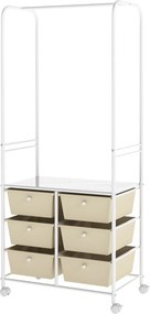 Guarda roupa aberto, 63 x 38 x 152 cm, 6 Gavetas e Rodas com Travão, Branco