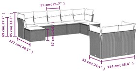 9 pcs conjunto sofás p/ jardim com almofadões vime PE cinzento