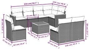9 pcs conjunto de sofás p/ jardim c/ almofadões vime PE preto