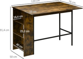 Mesa de bar com ilha central (BANCOS NÃO INCLUIDOS), tampo lateral rebatível e 3 prateleiras, 120 x 76 x 91,4 cm, castanho rústico