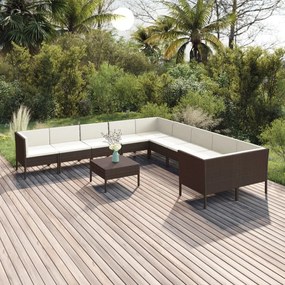 vidaXL 11 pcs conjunto lounge jardim c/ almofadões vime PE castanho