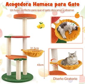 Arranahdor para gatos estilo fruta de 99,5 cm, vários níveis com cabide acolchoado, cesto giratório e postes de sisal para arranhar Laranja