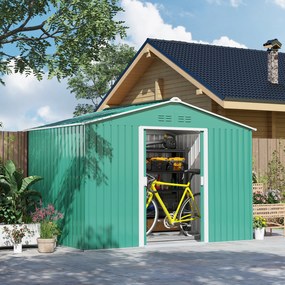 Abrigo de Jardim Exterior 4,9 m² 277x195x192cm Abrigo e Jardim Metálico para Armazenamento de Ferramentas Verde Escuro