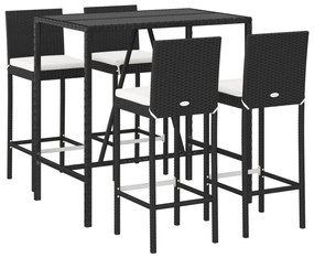 5 pcs conjunto de bar p/ jardim c/ almofadões vime PE preto