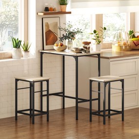 Conjunto de mesa de bar com 2 bancos, estrutura em aço para cozinha, sala de jantar e sala de estar, com efeito de madeira natural