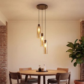 Candeeiro suspenso Hotel Chic bronze escuro com vidro âmbar 3 luzes - Stavelot