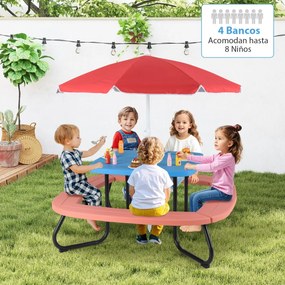 Mesa de atividades jardim crianças com guarda-sol ajustável e dobrável, 4 bancos incorporados até 8 crianças, 125 × 125 × 100-160 cm azul