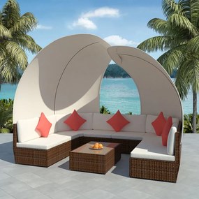 vidaXL 9 pcs conjunto lounge jardim c/ toldos vime PE castanho