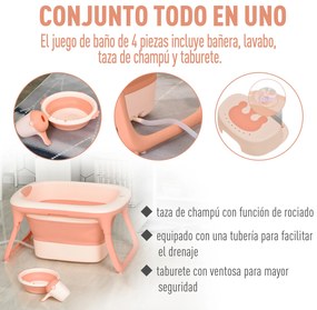 HOMCOM Banheira dobrável e portátil para bebê com recipiente para xampu bacia e banco conjunto de 4 peças de banho81,5x60x46,5 cm Rosa