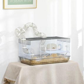 Gaiola para hamsters e roedores com túnel e acessórios incluídos, em arame de aço, 58 x 32 x 31 cm, cinzenta
